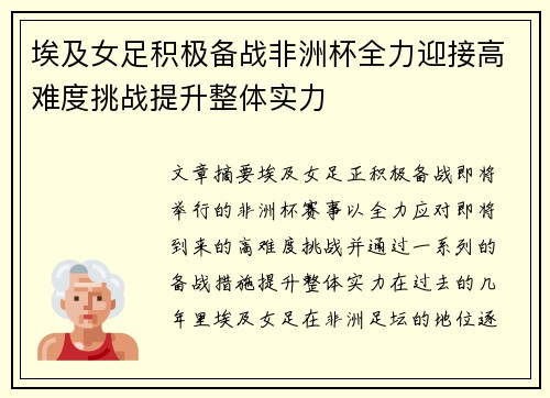 埃及女足积极备战非洲杯全力迎接高难度挑战提升整体实力