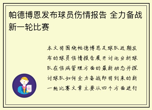 帕德博恩发布球员伤情报告 全力备战新一轮比赛