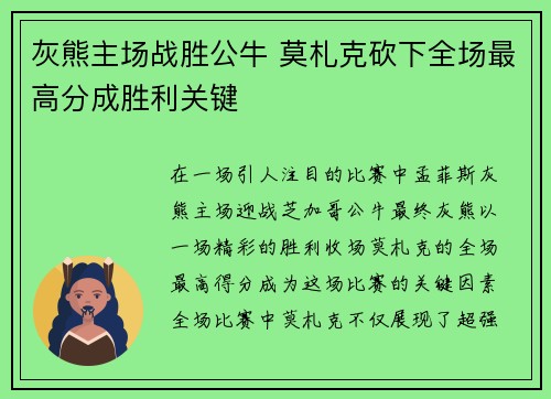 灰熊主场战胜公牛 莫札克砍下全场最高分成胜利关键