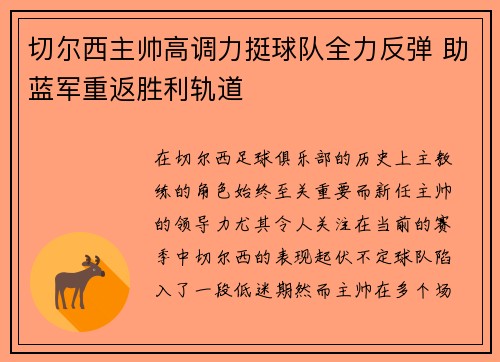 切尔西主帅高调力挺球队全力反弹 助蓝军重返胜利轨道