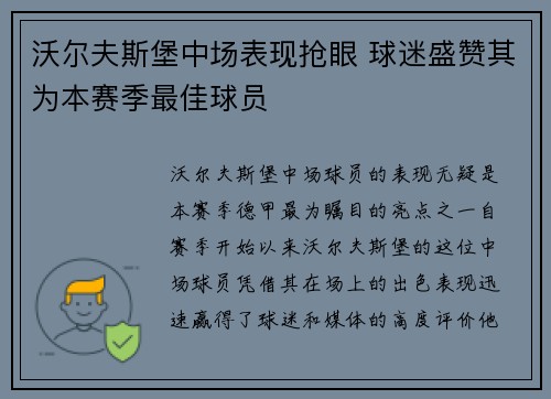 沃尔夫斯堡中场表现抢眼 球迷盛赞其为本赛季最佳球员