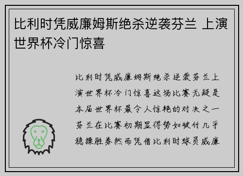 比利时凭威廉姆斯绝杀逆袭芬兰 上演世界杯冷门惊喜
